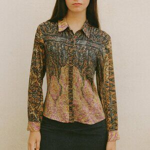 Cache  Y2K 2000s USA Made Crinkle Textured Long Sleeve Abstract Artsy Top Size M